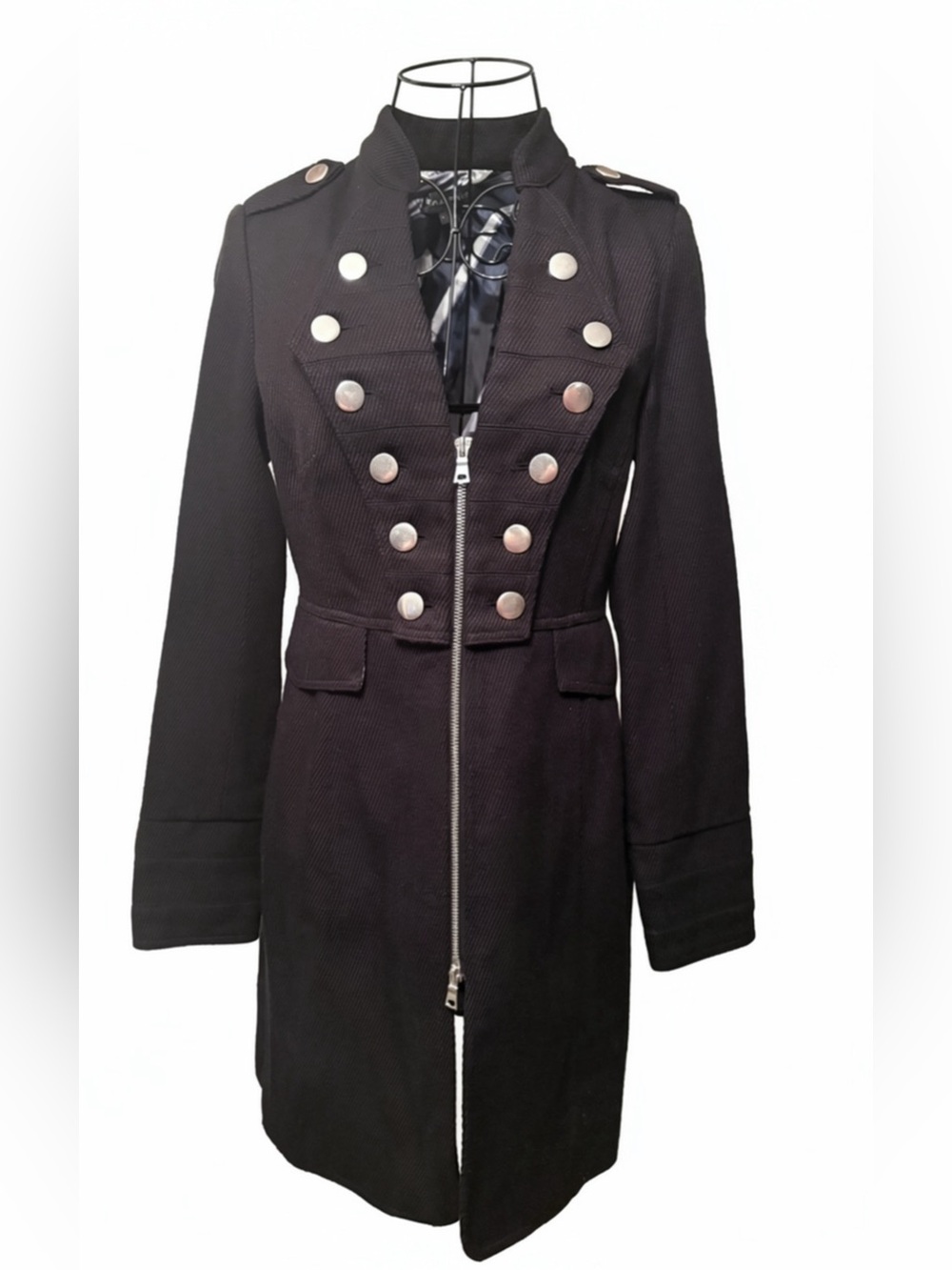 Rampage Black Military Style Long Coat Silver Button Structured Jacket Small - Picture 2 of 9